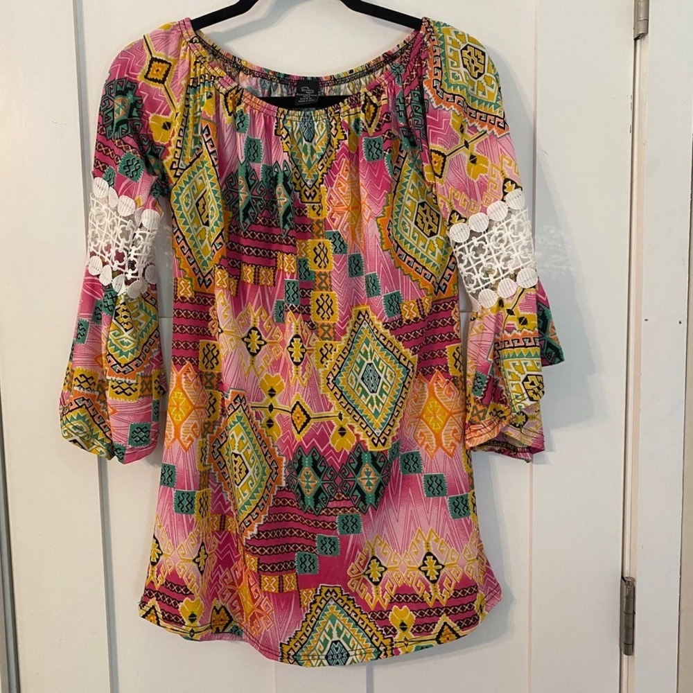 Festival Boho Tunic Top WinWin‎ Geometric Print Bell Sleeve Small